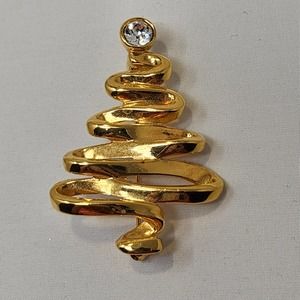 Anne Klein Gold Tone Christmas Tree Brooch Clear Rhinestone Topper Abstract